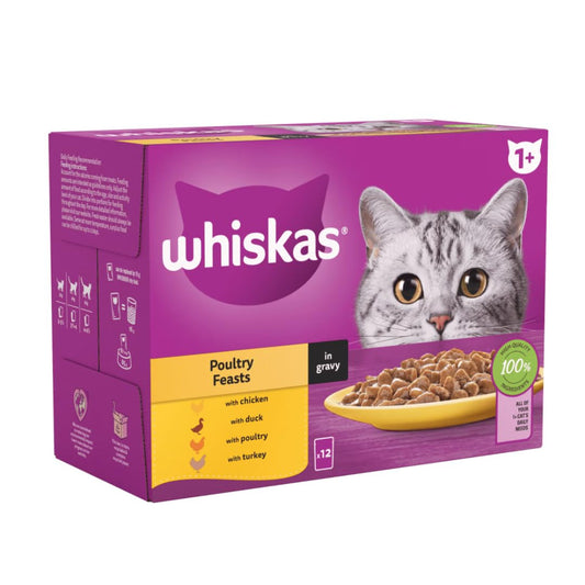 Whiskas 1+ Poultry Feasts Adult Wet Cat Food Pouches in Gravy 12 x 85g