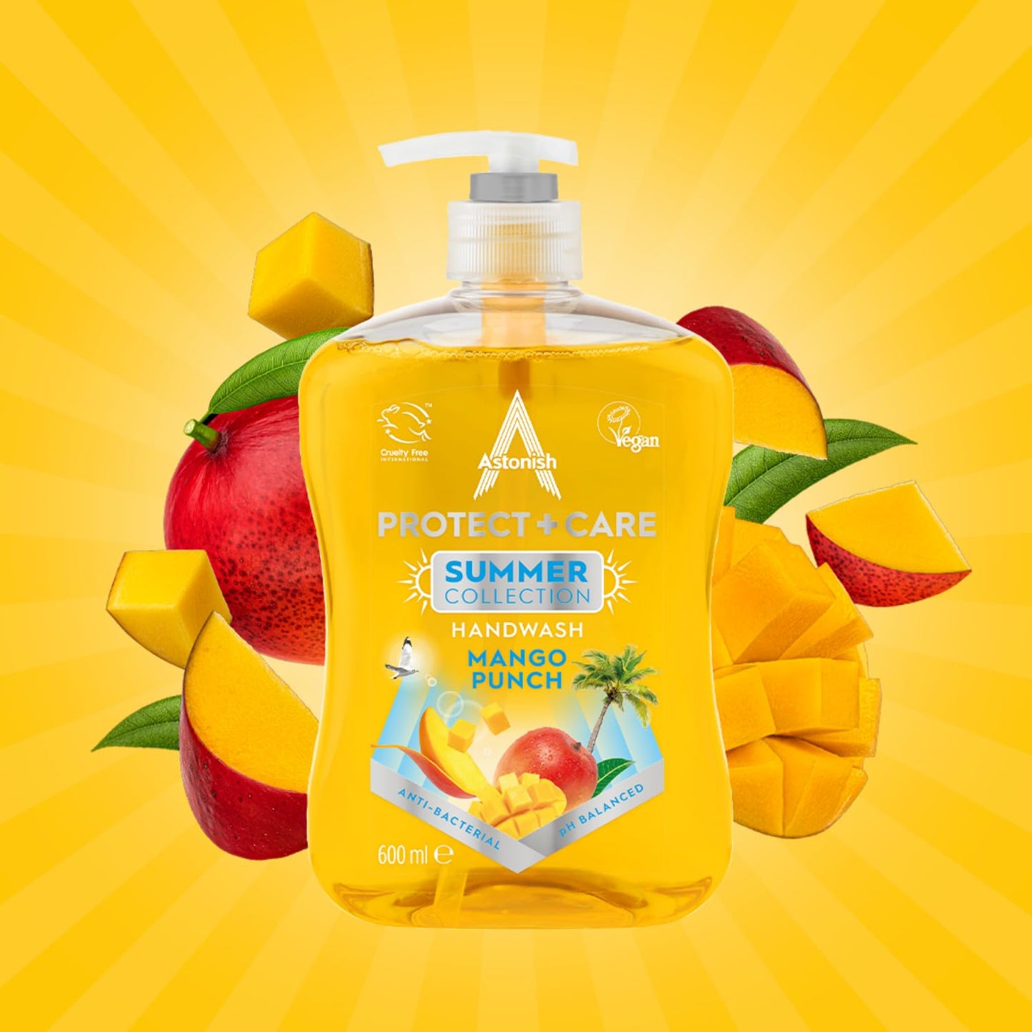 Astonish Protect & Care Anti-Bacterial Hand Wash - Moisturising and Kind to Skin Soap - Vegan and Cruelty Free - Mango Punch Summer Collection - Multipack 3 x 600ml