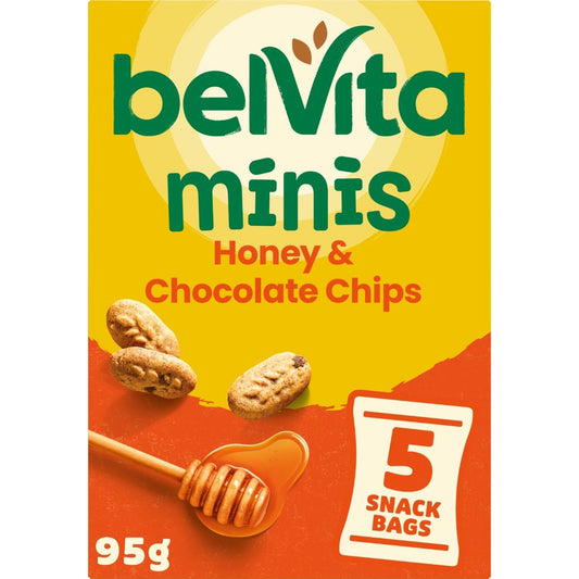 Belvita Minis, Honey & Chocolate Chips, 5 Snack Bags, 95 g (Pack of 1)