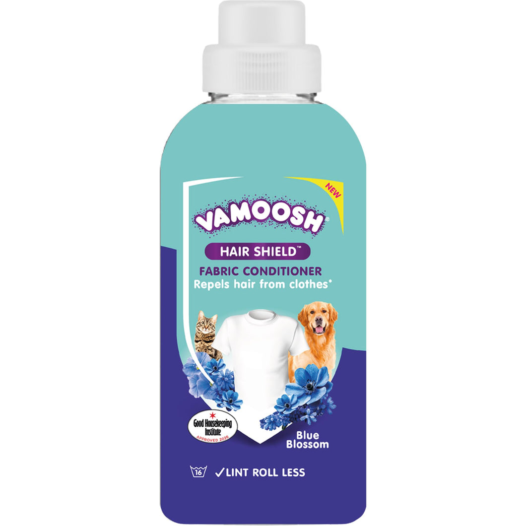 Vamoosh Hair Shield Fabric Conditioner 500ml – Liquid Fabric Softener that Repels Pet Hair from Clothes After Washing, Does Not Dissolve Hair – Blue Blossom Scent – Up to 16 Washes