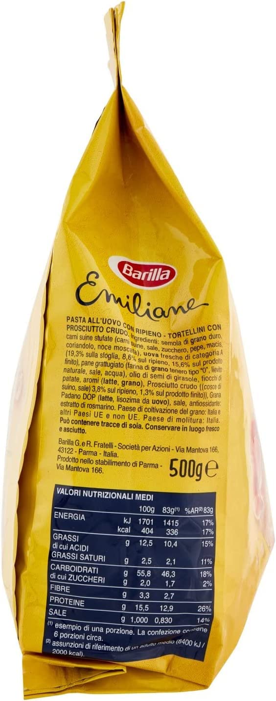 Emiliane Barilla Pasta all'Uovo Ripiena Tortellini con Prosciutto Crudo Filled Egg Noodles with Raw Ham Noodles 500 g Pack