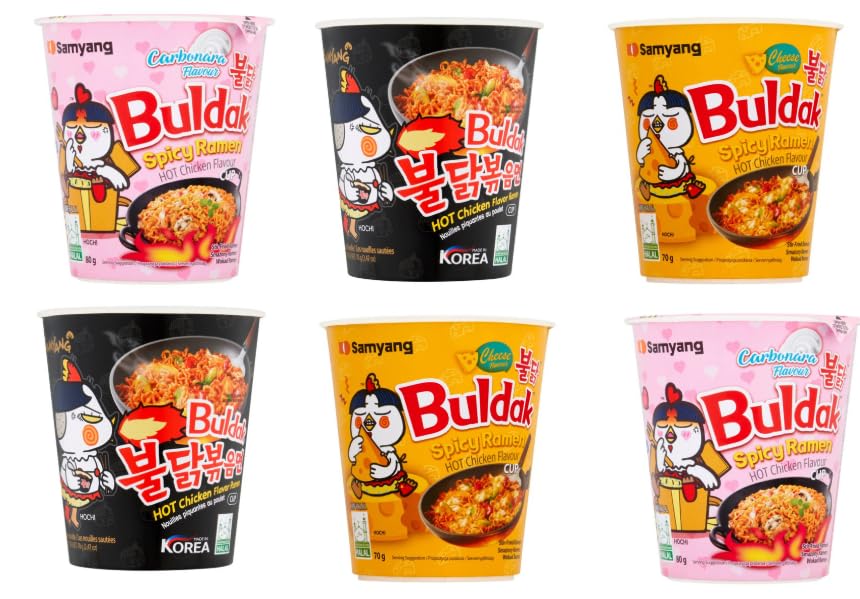 Samyang Buldak Spicy Ramen Cup Noodles, Hot Chicken Flavour, Carbonara and Cheese Varieties - Pack of 6