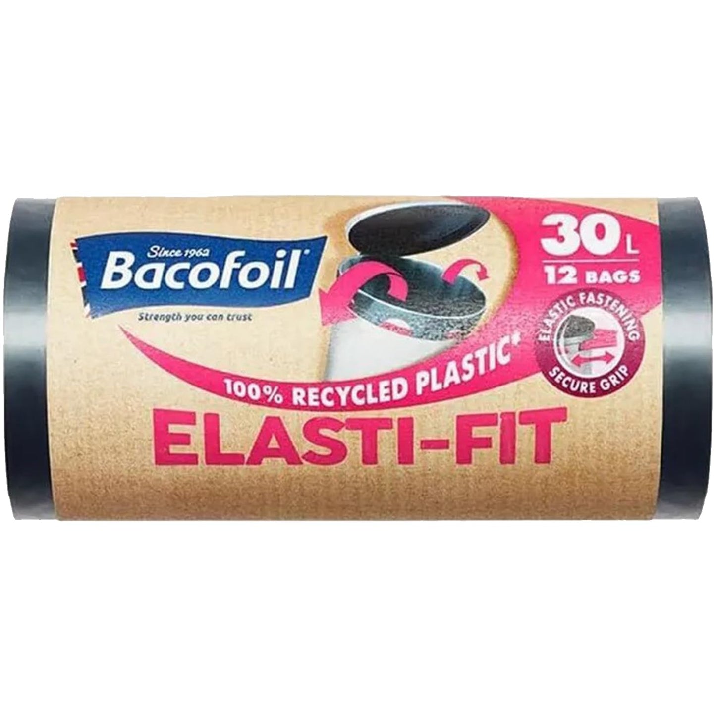 Bacofoil Elasti-Fit Bin Liners with Drawstring Handles 30L - Leak-Proof Bin Bag with Elastic Fastening for a Secure Fit (3 Rolls, 36 Bags)…