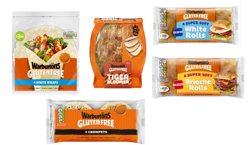 Warburtons Gluten Free Bread Range, White Wraps, Tiger Bloomer, White Rolls, Brioche Rolls, Crumpets