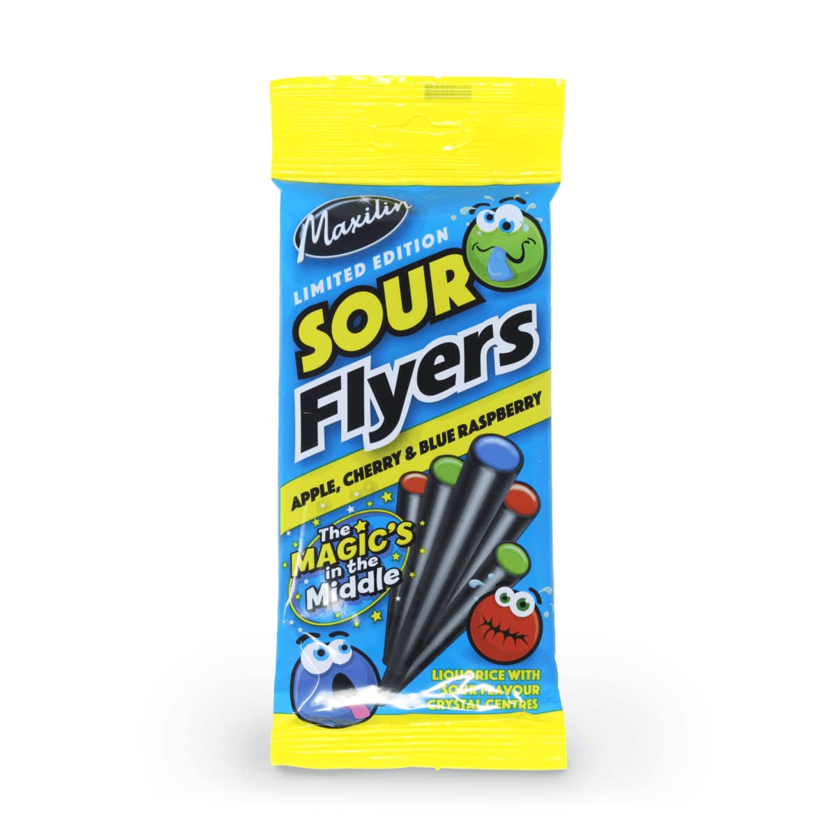 Maxilin Limited Edition Sour Liquorice Flyers Bag - 75g - Liquorice sticks filled with sour fruit flavoured crystallised sugar centres