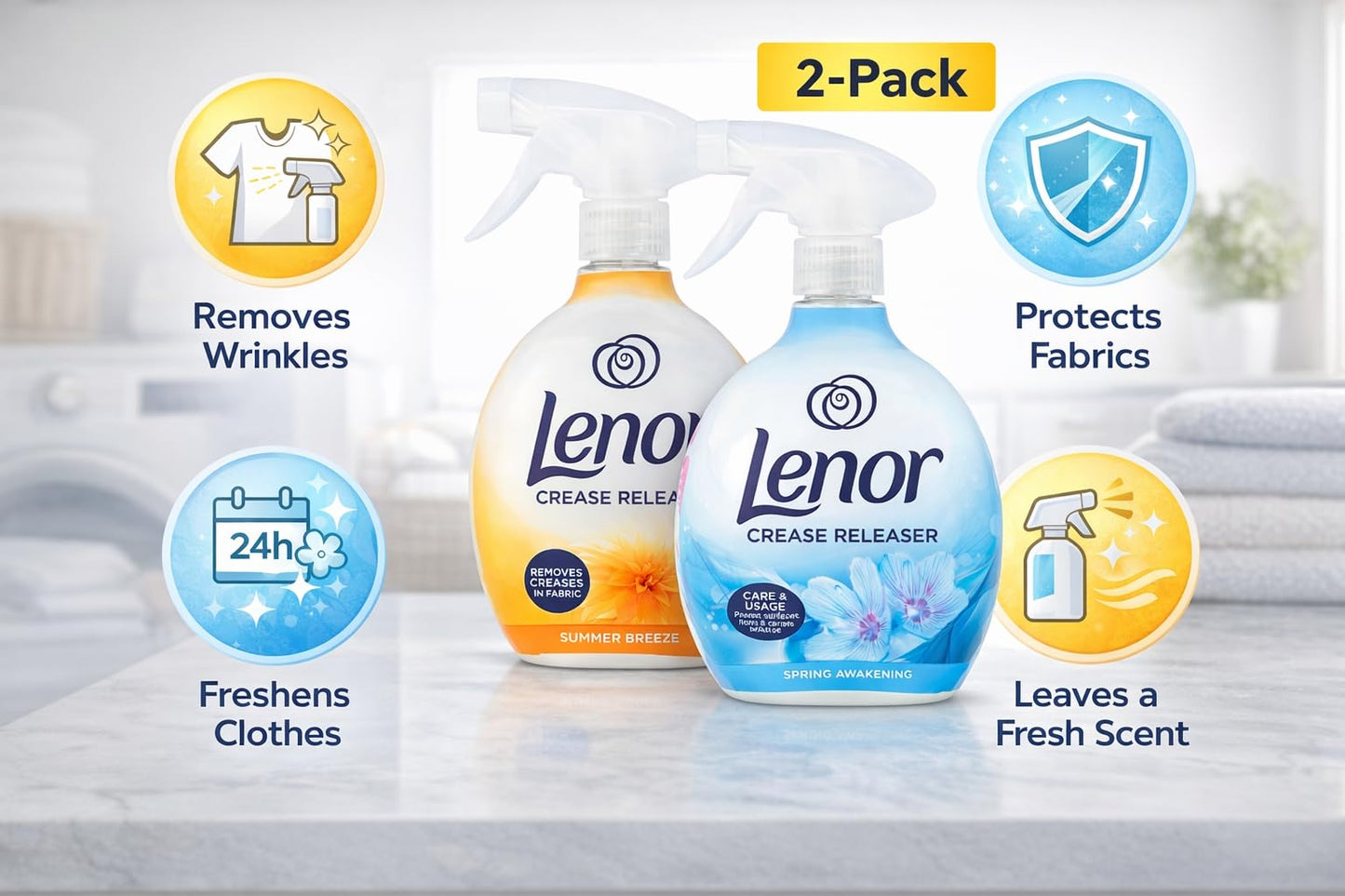 Lenor Crease Release Spray – SPRING AWAKENING & SUMMER BREEZE | Iron in a Bottle Fabric Wrinkle Remover, Static Reducer & Odour Eliminator – For Clothing, Bedding & Travel (2 x 500ml)