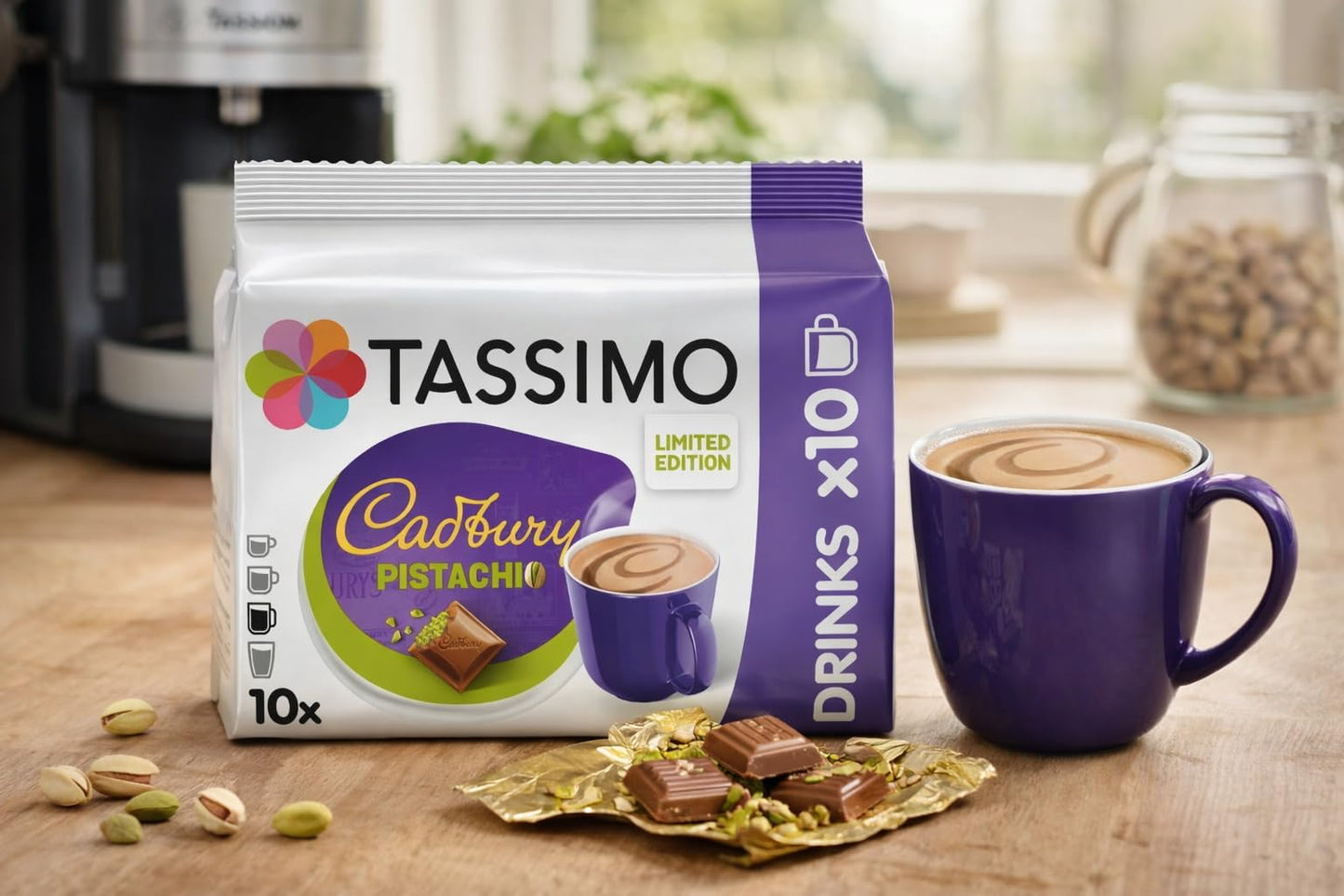 Tassimo Cadbury Pistachio Coffee Pods x10 (Pack of 1, Total 10 Drinks) Chocolate Pistachio Flavour T DISCs, Creamy Hot Drink Capsules