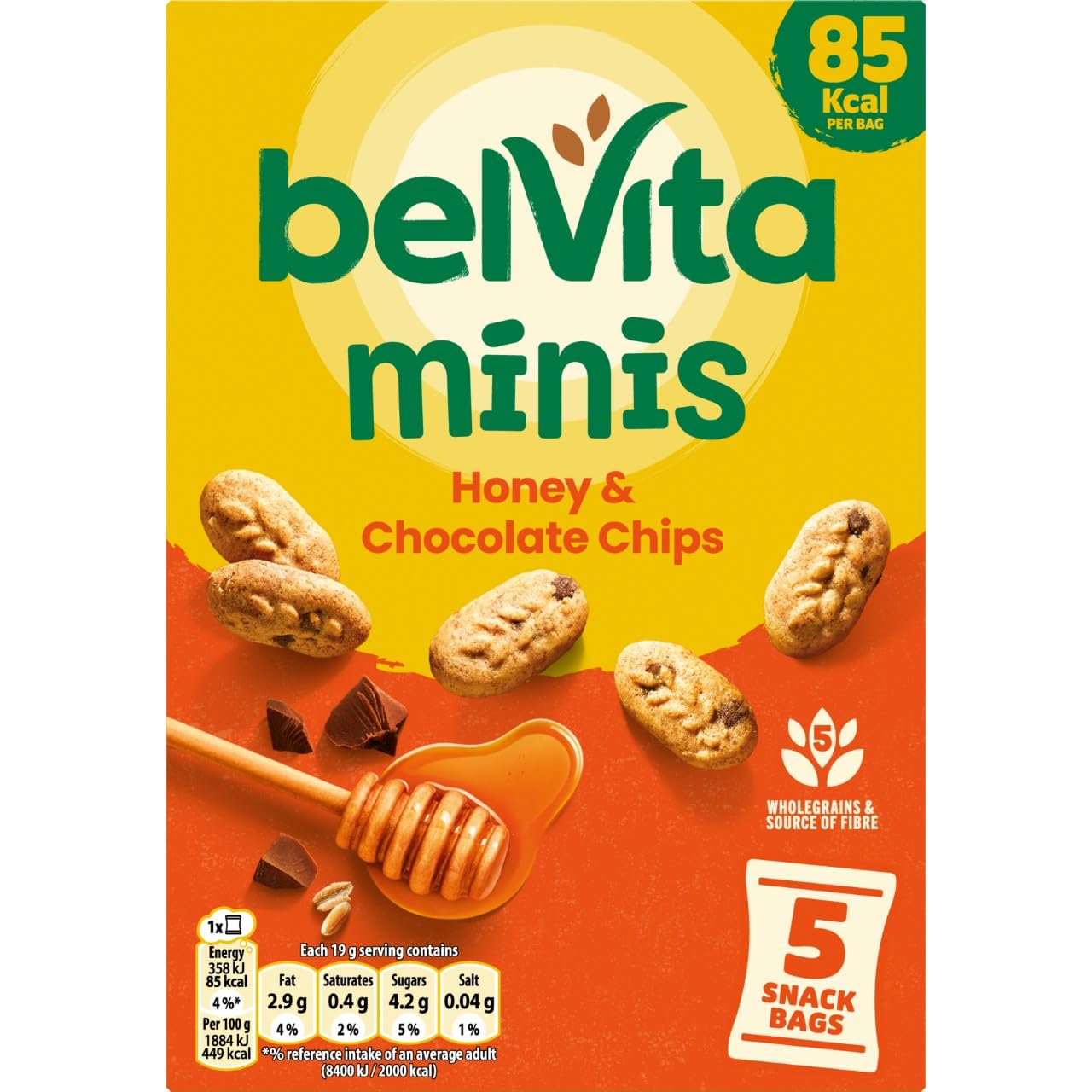 Belvita Minis, Honey & Chocolate Chips, 5 Snack Bags, 95 g (Pack of 1)