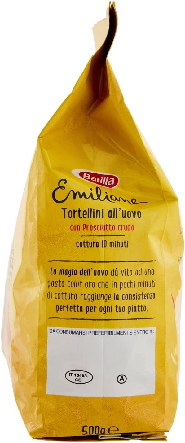 Emiliane Barilla Pasta all'Uovo Ripiena Tortellini con Prosciutto Crudo Filled Egg Noodles with Raw Ham Noodles 500 g Pack