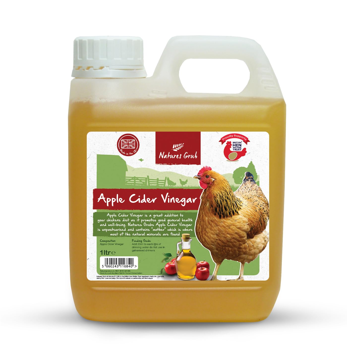 Natures Grub Apple Cider Vinegar 1ltr | Natural Feed Supplement for Chickens & Poultry, Digestion Support, Unpasteurised with Mother, Parasite Repellent, Manufactured in the UK