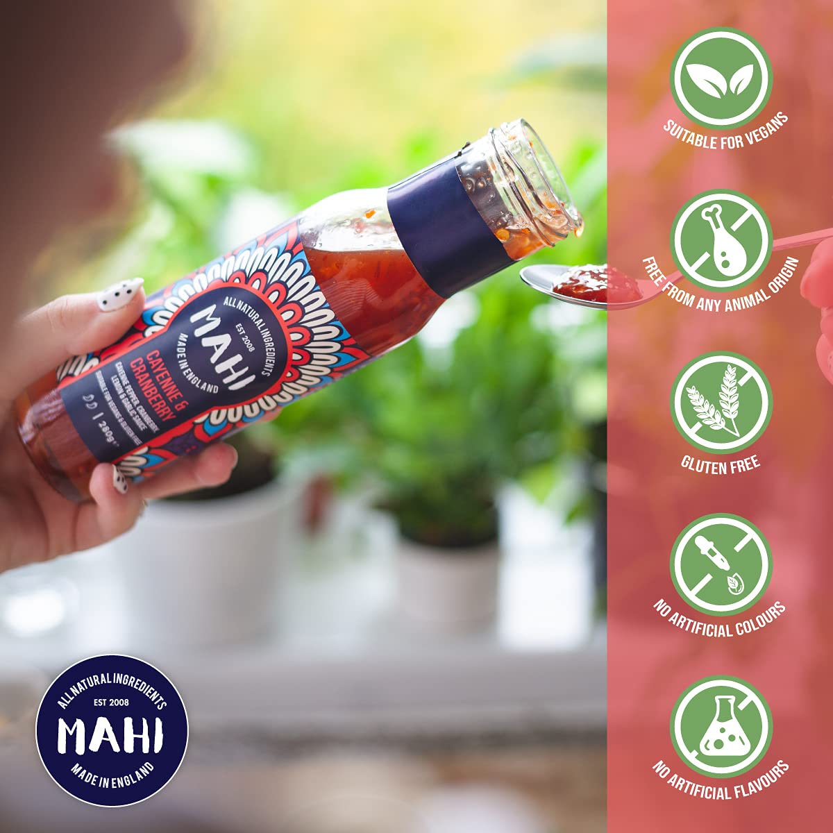 MAHI Cayenne & Cranberry Pepper Sauce - Sweet Chilli Mild Spicy Heat, Perfect for BBQs & Every Day, Gluten Free (GF) Vegan Sauce, 280g