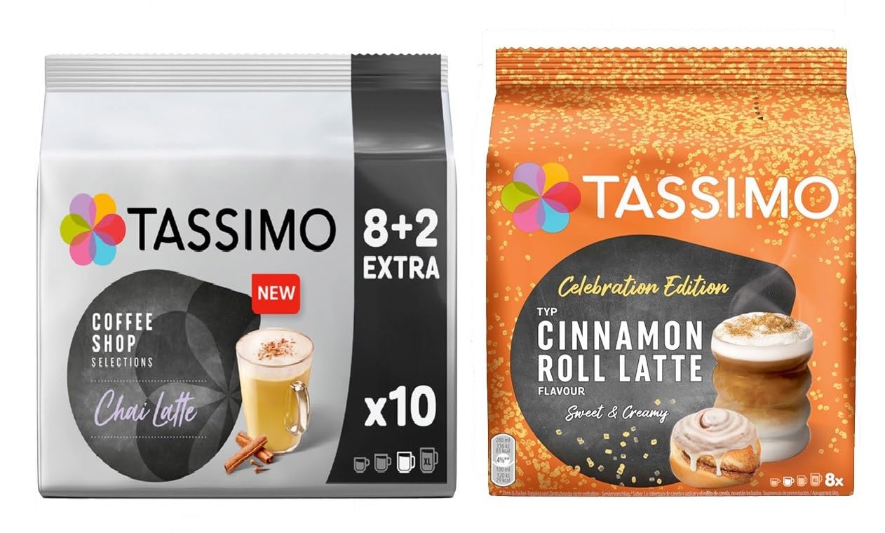 Tassimo Sweet Spice Latte Twin Pack – Coffee Shop Selections Chai & Cinnamon Roll Coffee Pods (Pack of 2, Total 18 Drinks)