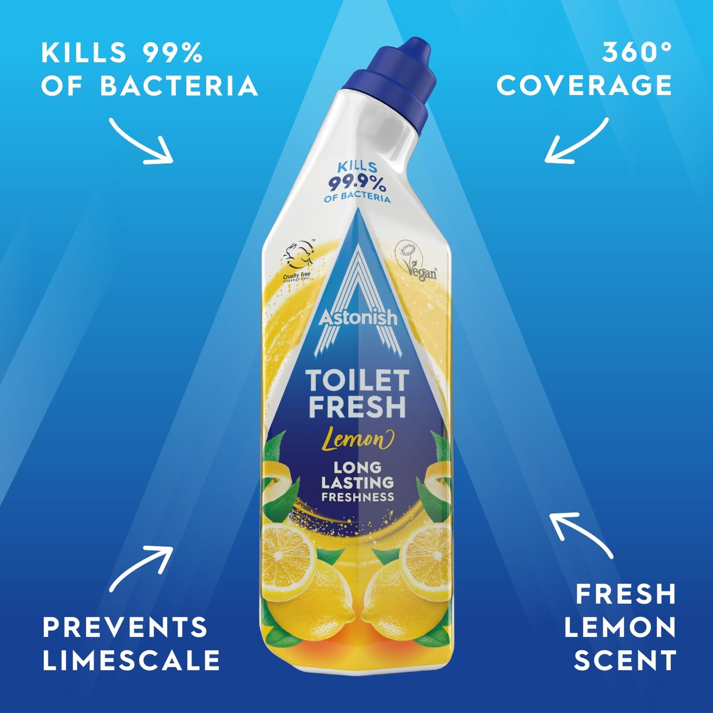 Astonish Toilet Fresh Gel, Kills 99.9% of Bacteria, Limescale Prevention, Lemon