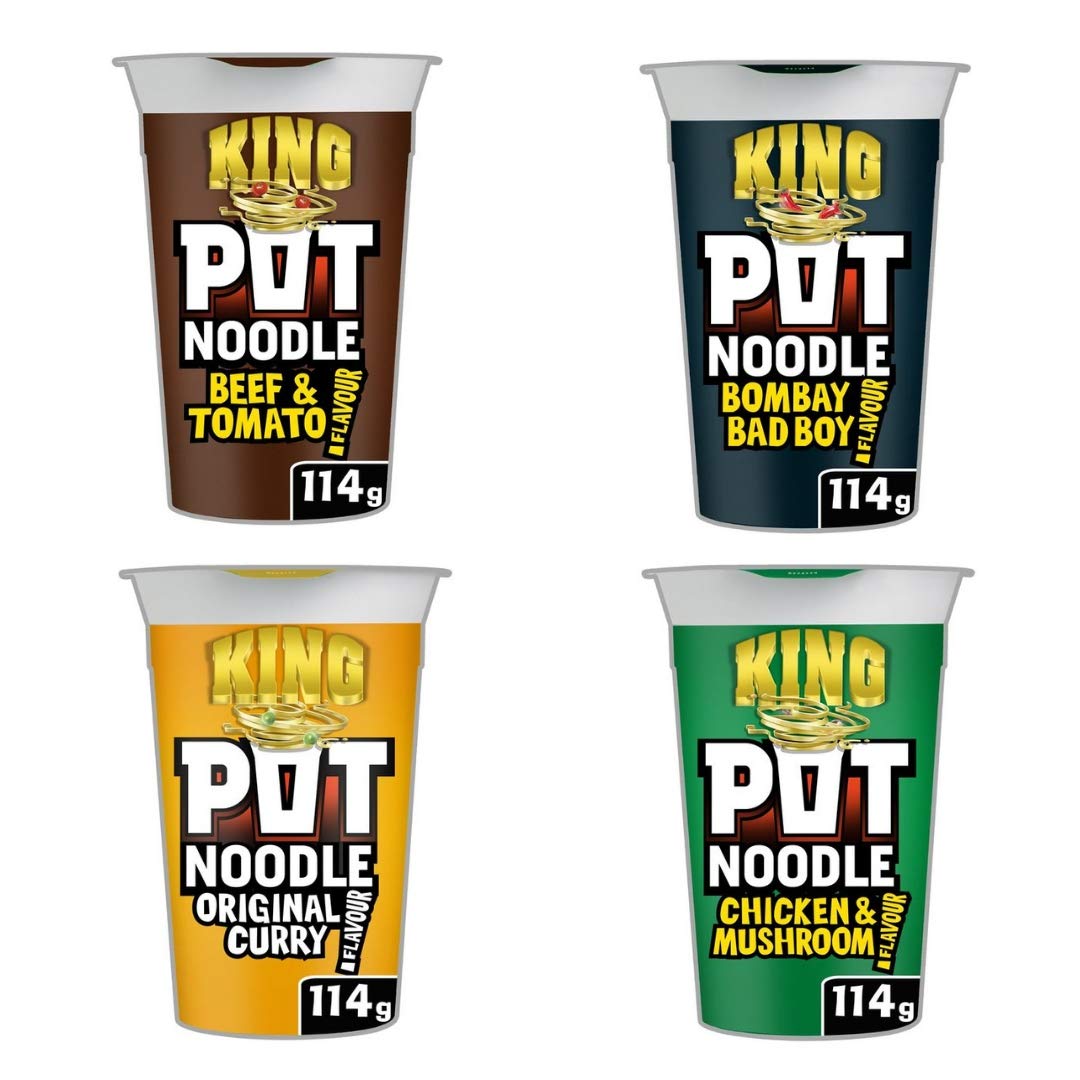 Pot Noodle King Bundle | Chicken & Mushroom King Pot 114g | Bombay Bad Boy 114g | Original Curry 114g | Beef & Tomato 114g | Total of 4x114g of Noodles