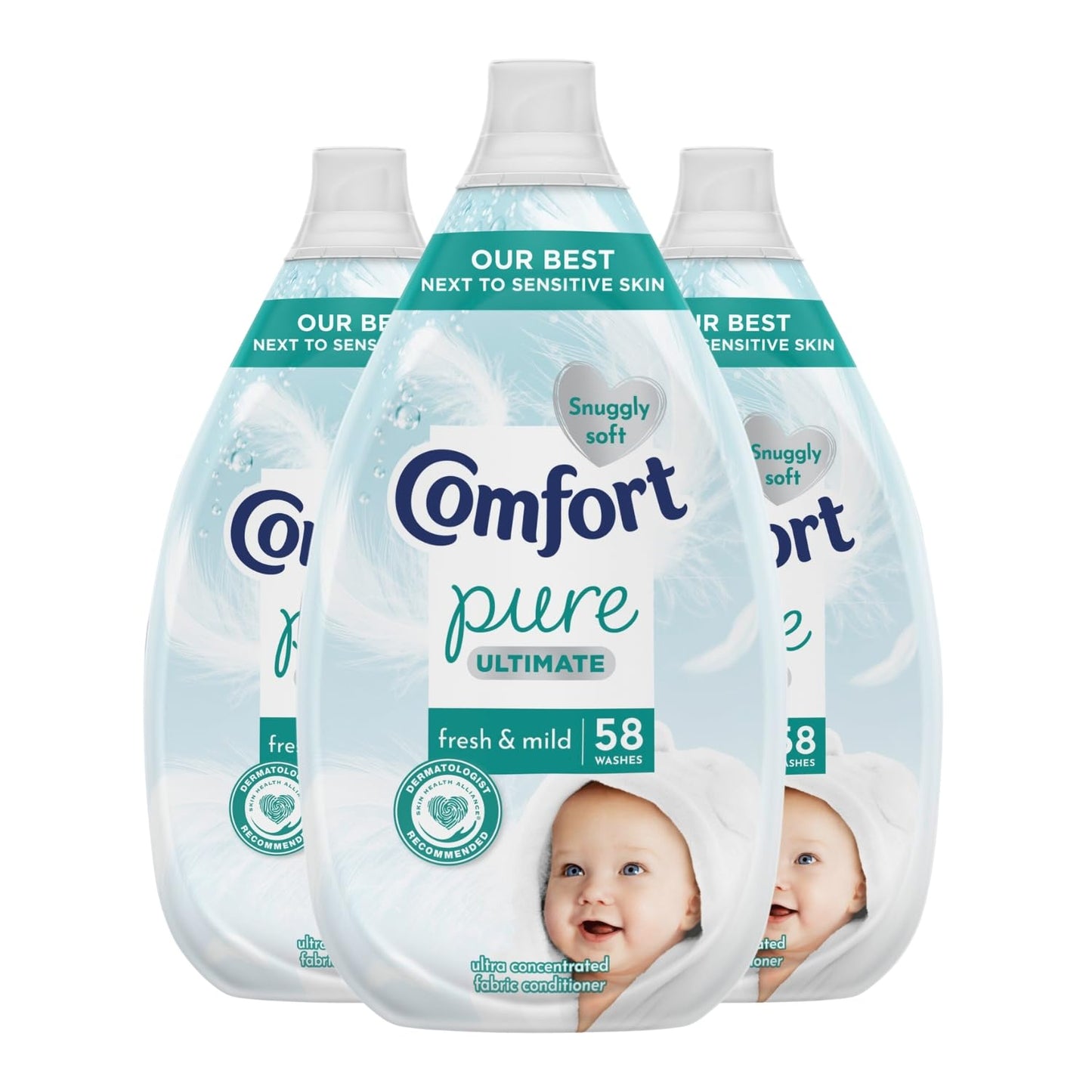 Comfort Pure Fabric Conditioner Ultimate Care Fresh and Mid with Lasting Fragrance Intense Liquid Fabric Softener Suitable for Sensitive Skin 58 Washes, 870ml Pack of 3