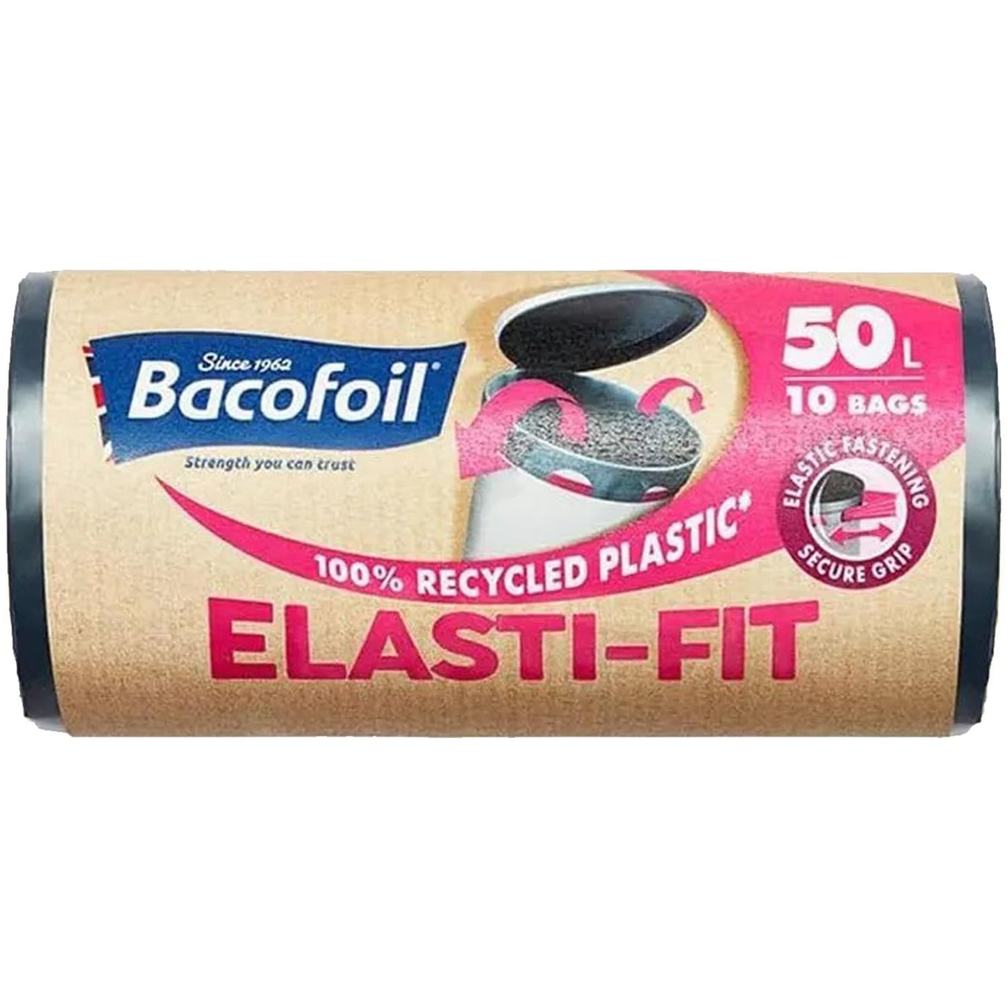 Bacofoil Elasti-Fit Bin Liners with Drawstring Handles 50L - Leak-Proof Bin Bag with Elastic Fastening for a Secure Fit (3 Rolls, 30 Bags)…