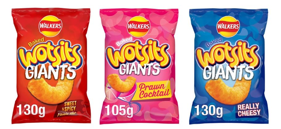 Walkers Wotsits Giants Baked Corn Snacks, Variety Pack, Sweet & Spicy, Prawn Cocktail, Really Cheesy, 130g, 105g