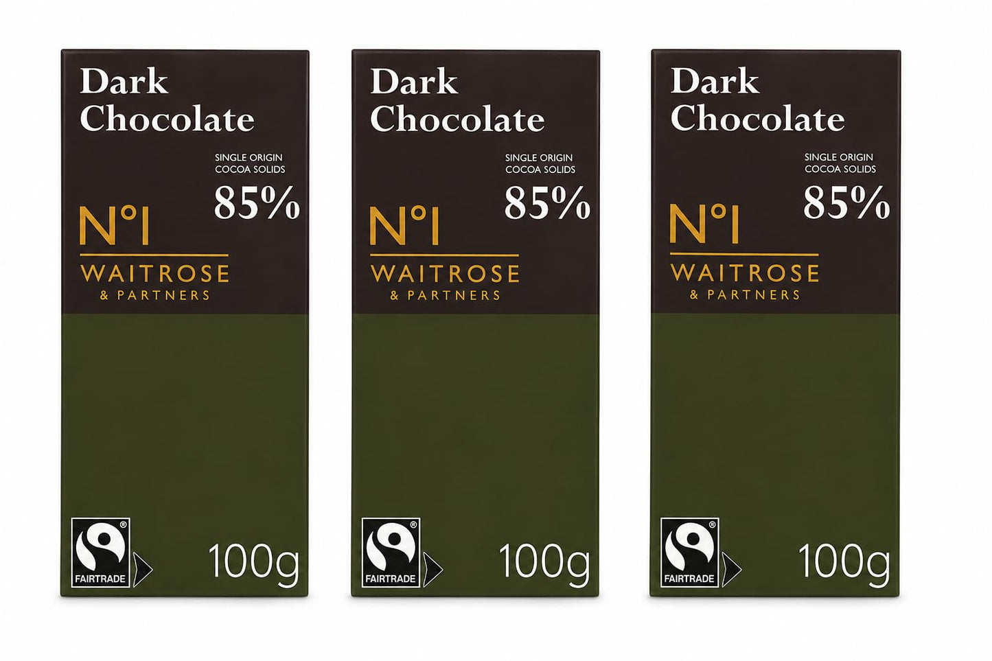 Waitrose No.1 Fairtrade Uganda Dark Chocolate 100g, Pack of 3