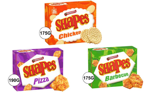 Arnott's Shapes Flavoured Biscuits, Chicken 175g, Pizza 190g, Barbecue 175g, Oven Baked, Variety Pack