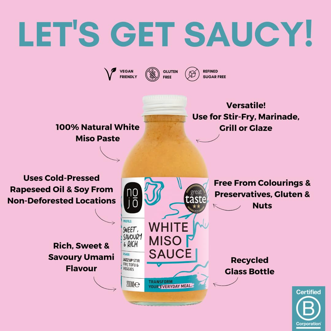 White Miso Sauce for Cooking & Seasoning | Non-GMO & No Added Sugar | No Palm Oil | Gluten-Free, Nut-Free, Vegan | 200ml x 6 Recycled Glass Bottles | NOJŌ White Miso Sauce