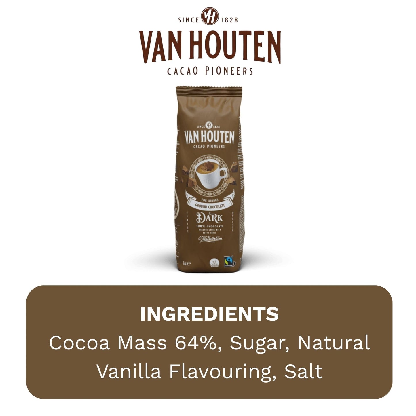 Van Houten Dark Ground Chocolate 1 x 1kg. 100% Chocolate. Serve Hot or Cold