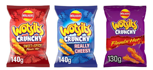 Walkers Wotsits Crunchy Variety Pack, Sweet & Spicy, Flamin' Hot, Really Cheesy, 140g & 130g