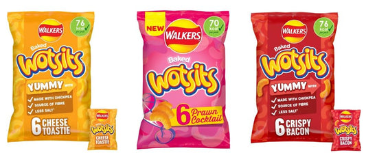 Walkers Baked Wotsits Multipack, 6 Pack, 76 kcal per Portion, Cheese Toastie, Prawn Cocktail, Crispy Bacon
