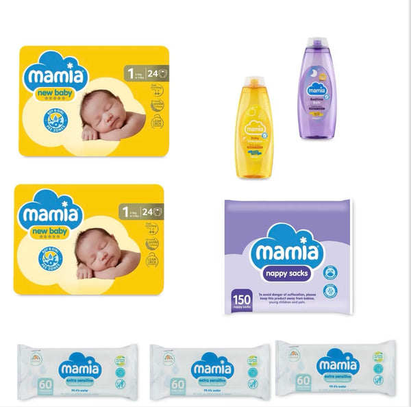 Mamia Baby Bundle: Size 1 Nappies, Bedtime Bath, Shampoo, Nappy Sacks, Wipes