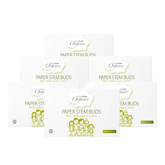Simply Gentle Organic Cotton Buds with Paper Stems - Eco-Friendly – Sustainable – Biodegradable – Plastic Free – 100% Organic Cotton – 200 Buds Per Pack (Pack of 6)