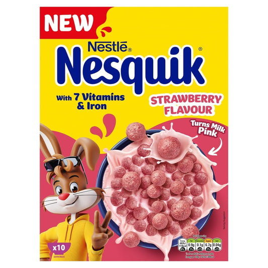 Nestlé Cereals - Nesquik Breakfast Cereal - Bitesize Strawberry Wholegrain Puffed Balls - High Fibre, 7 Vitamins, Calcium & Iron - 310g