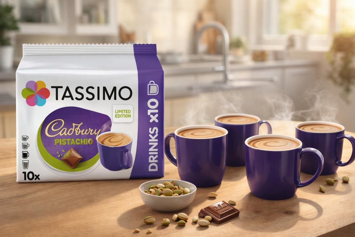Tassimo Cadbury Pistachio Coffee Pods x10 (Pack of 1, Total 10 Drinks) Chocolate Pistachio Flavour T DISCs, Creamy Hot Drink Capsules