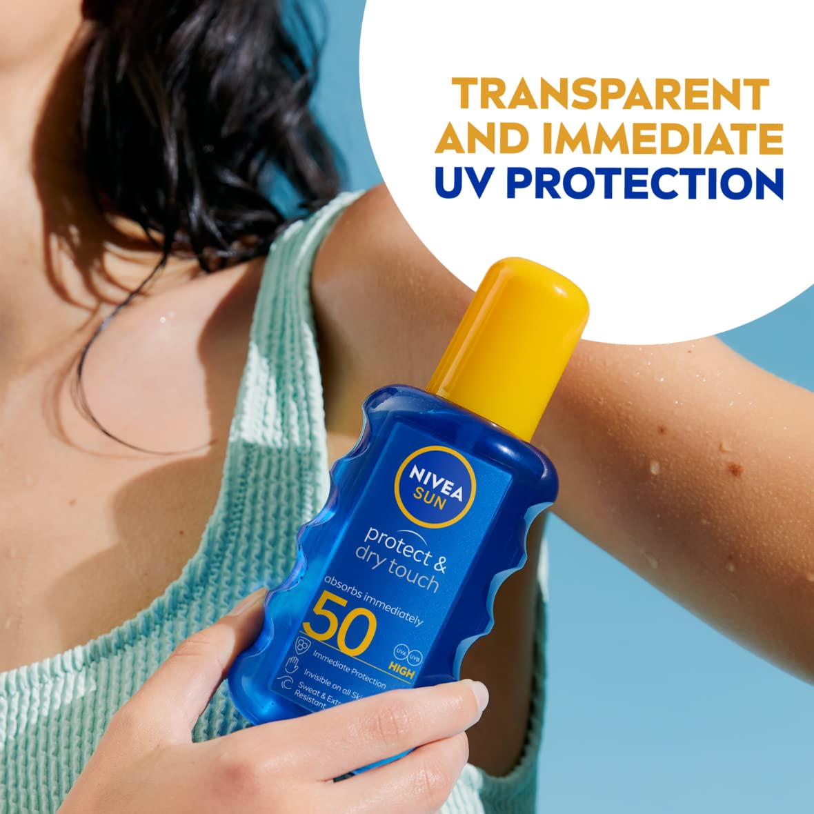 NIVEA SUN Protect & Dry Touch Invisible Sun Spray SPF 50 (200 ml), Water-Resistant Sun Cream, Immediate Protection against UVA & UVB Rays, Transparent/No White Marks