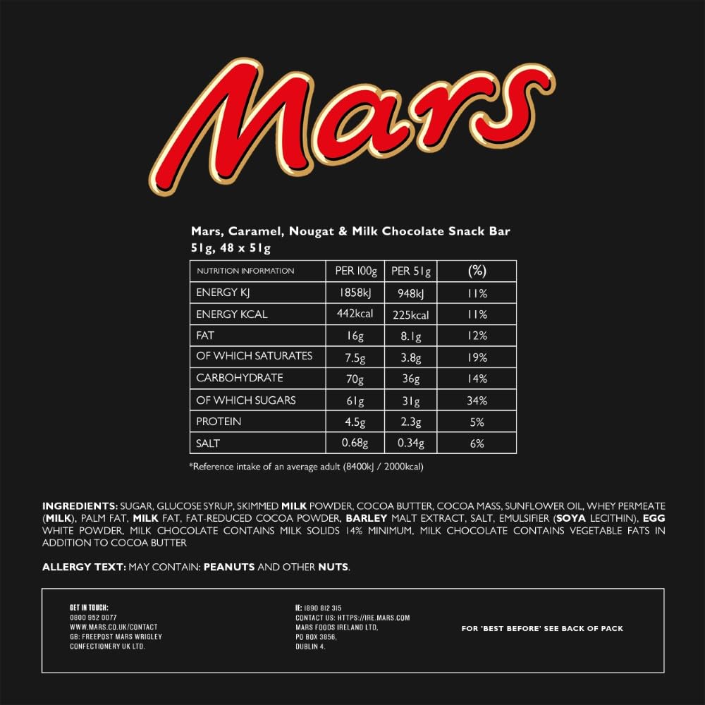 Mars Milk Chocolate, Caramel & Nougat Bars Bulk Box, 48 Bars of 51g