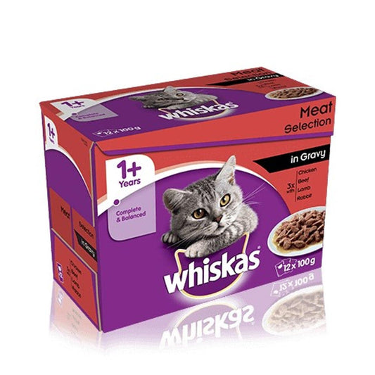 Whiskas 1+ Cat Wet Food in Pouch for Adult Cats, Meaty Selection in Gravy, 12x 100g