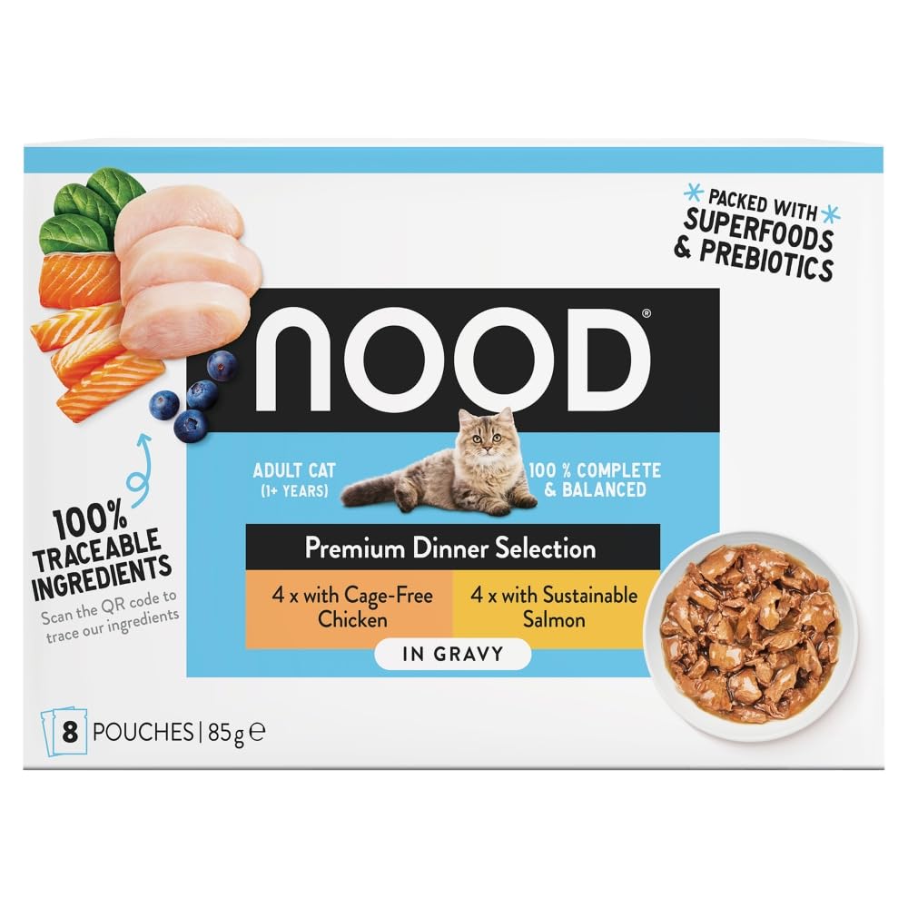 Nood Cat Premium Dinner Selection with Chicken & Salmon in Gravy 8x85g