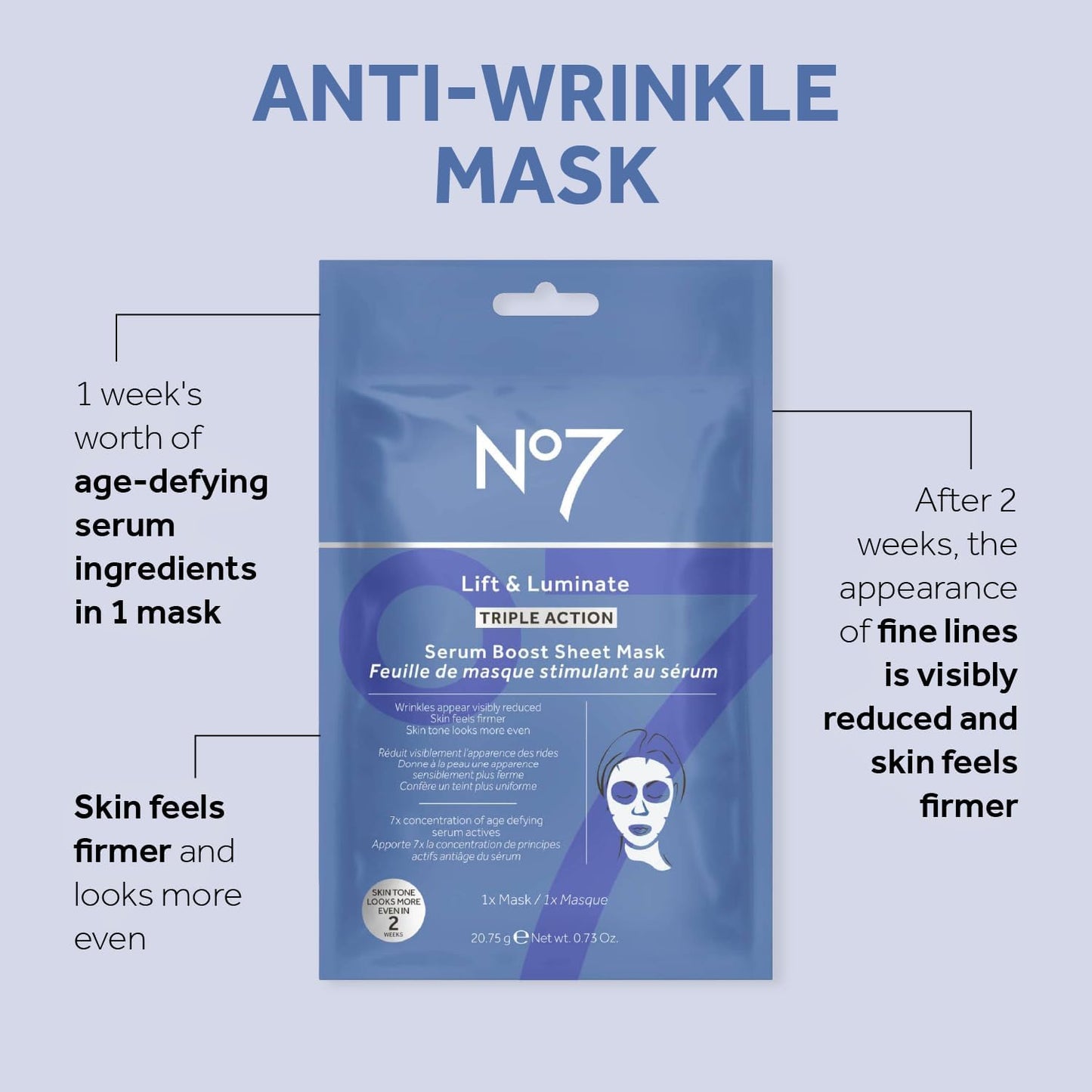No7 Lift and Luminate Triple Action Serum Boost Sheet Mask, 20.75g