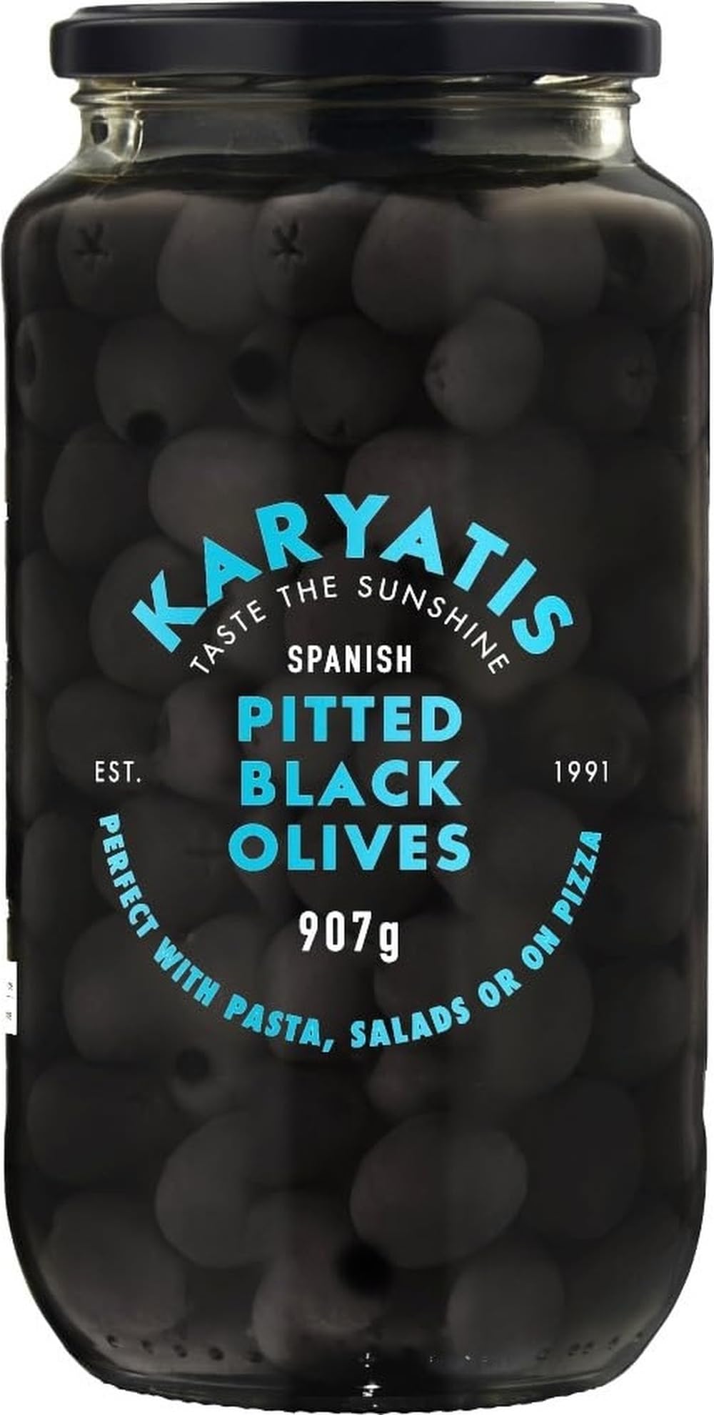 Karyatis Spanish Black Pitted Olives in Brine 907g