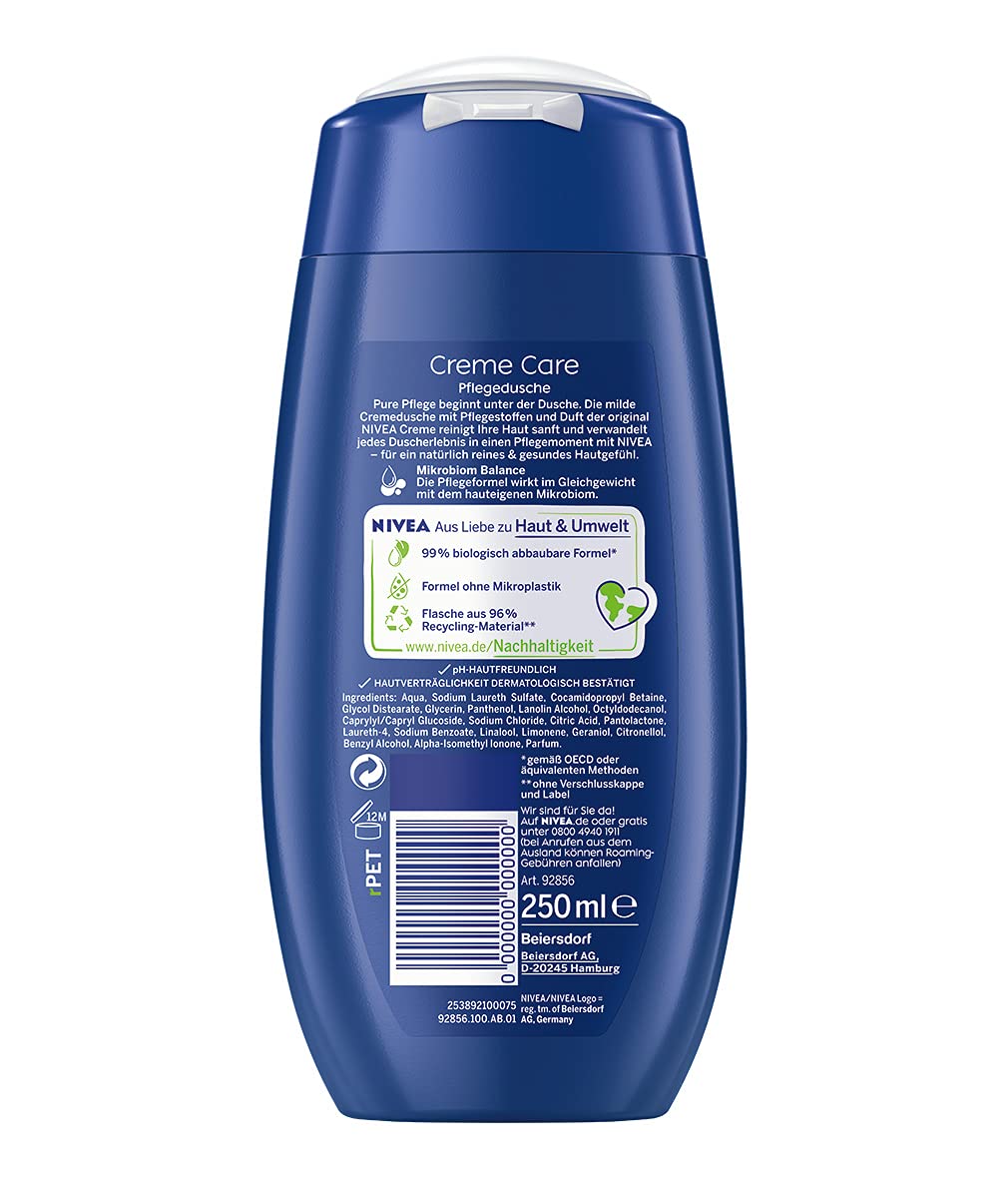 NIVEA Creme Care Shower Gel (250 ml), Shower Gel with Unique Mild Fragrance, Gently Cleansing Cream Shower with Selected Ingredients of Nivea Cream