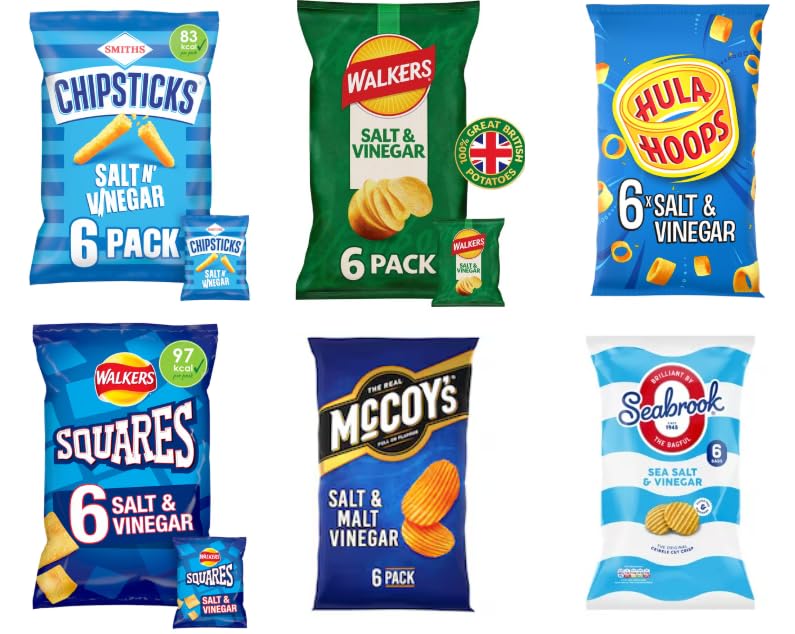 Salt & Vinegar Crisp Lovers Variety Pack - Walkers, Smiths, Hula Hoops, McCoy's, Seabrook Salt & Vinegar Crisps Variety.