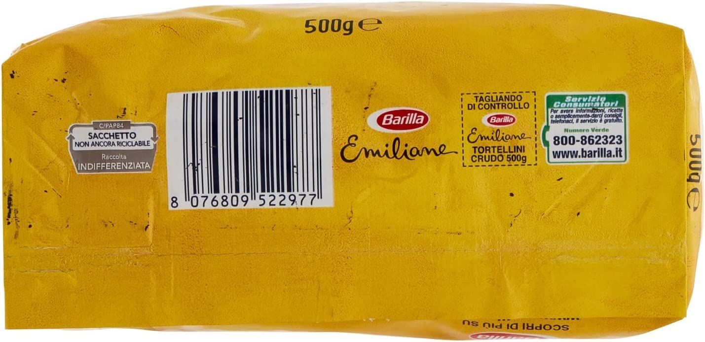 Emiliane Barilla Pasta all'Uovo Ripiena Tortellini con Prosciutto Crudo Filled Egg Noodles with Raw Ham Noodles 500 g Pack