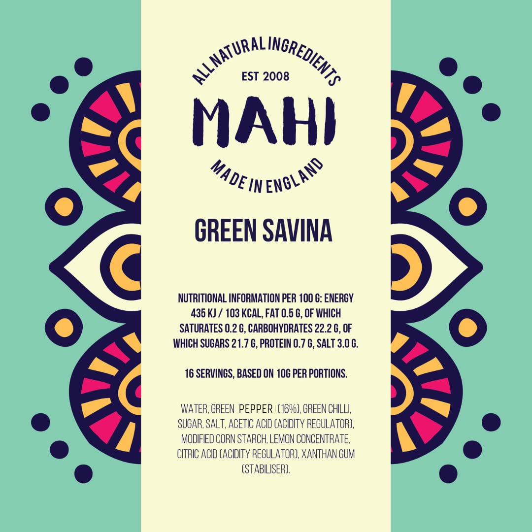 MAHI Green Savina Hot Sauce - Mild Spicy Heat, Perfect for BBQs & Every Day, Gluten Free (GF) Vegan Sauce, 165g