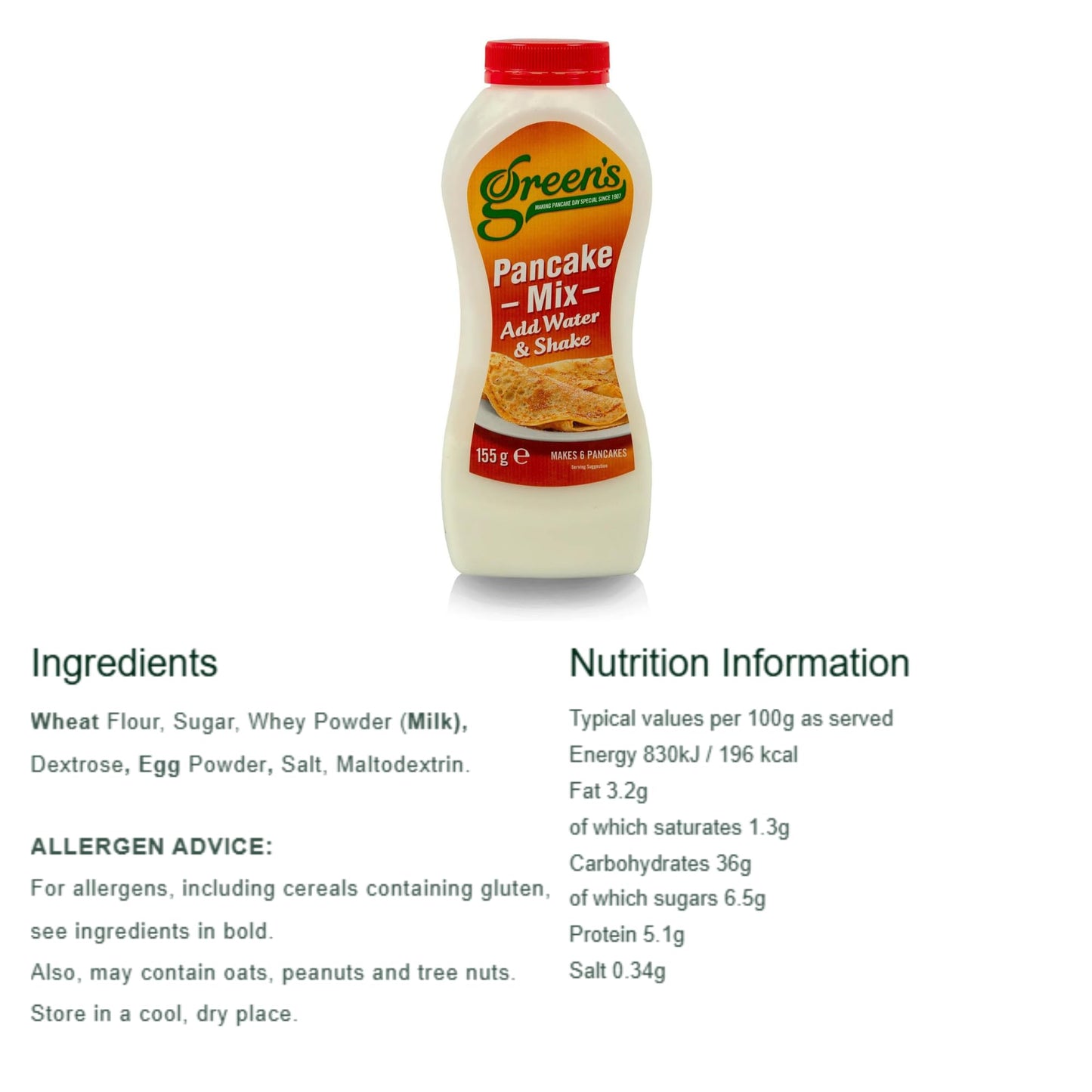 Green's Pancake Shaker Mix 6x 155g Bottles Just Add Water Shake Batter
