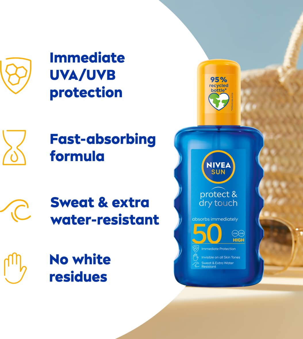 NIVEA SUN Protect & Dry Touch Invisible Sun Spray SPF 50 (200 ml), Water-Resistant Sun Cream, Immediate Protection against UVA & UVB Rays, Transparent/No White Marks