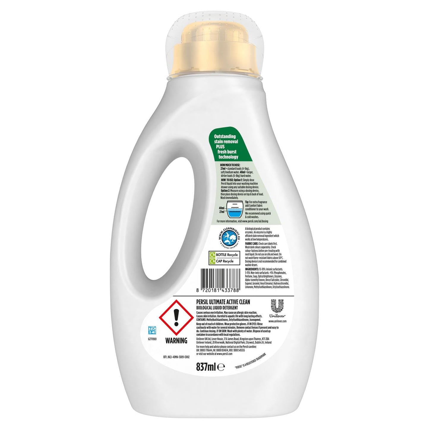 Persil Ultimate Liquid Detergent Outstanding Stain Removal Effective in Quick and Cold Washes with 14 Days of Lasting Freshness 31 Washes, 837ml (Buy 1, Active Clean)