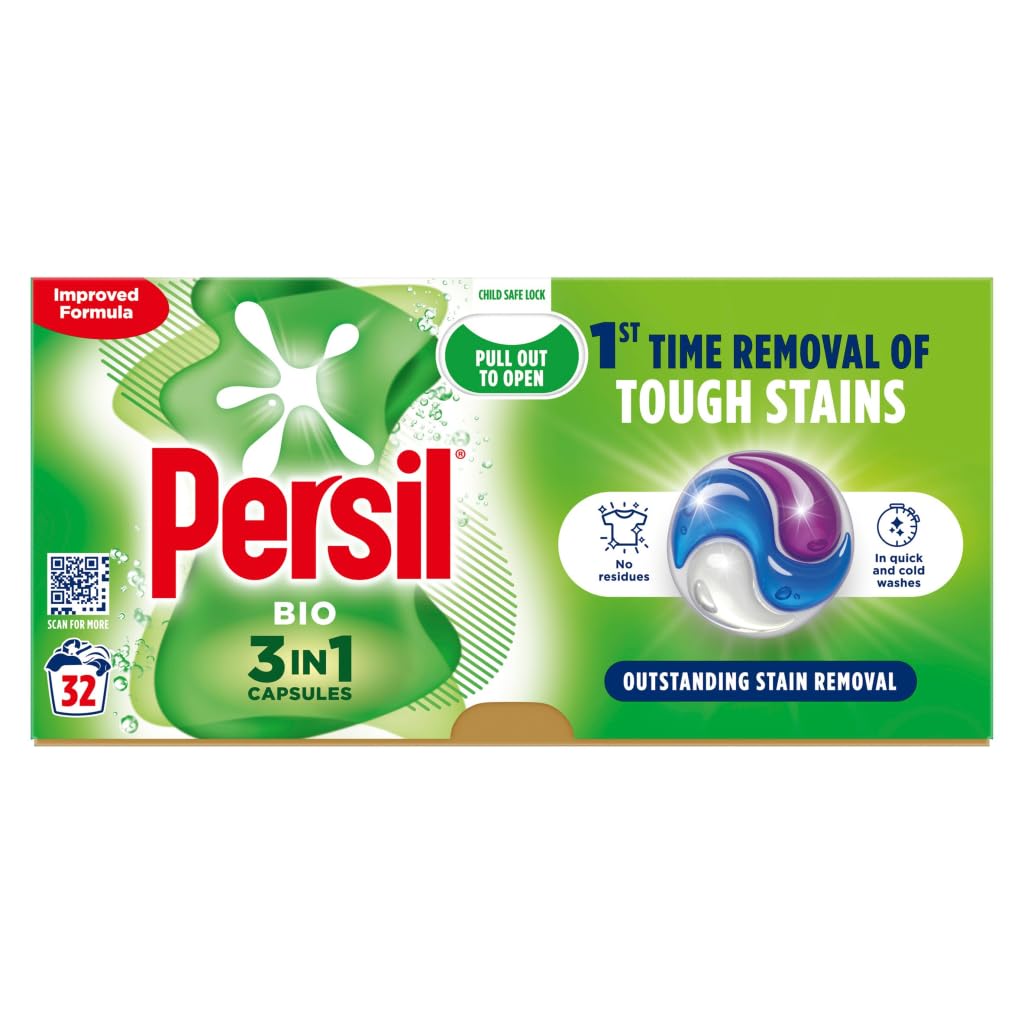 Persil 3 in 1 Bio Washing Capsules laundry capsules for a powerful clean 1st time with recyclable, plastic-free box* 32 washes