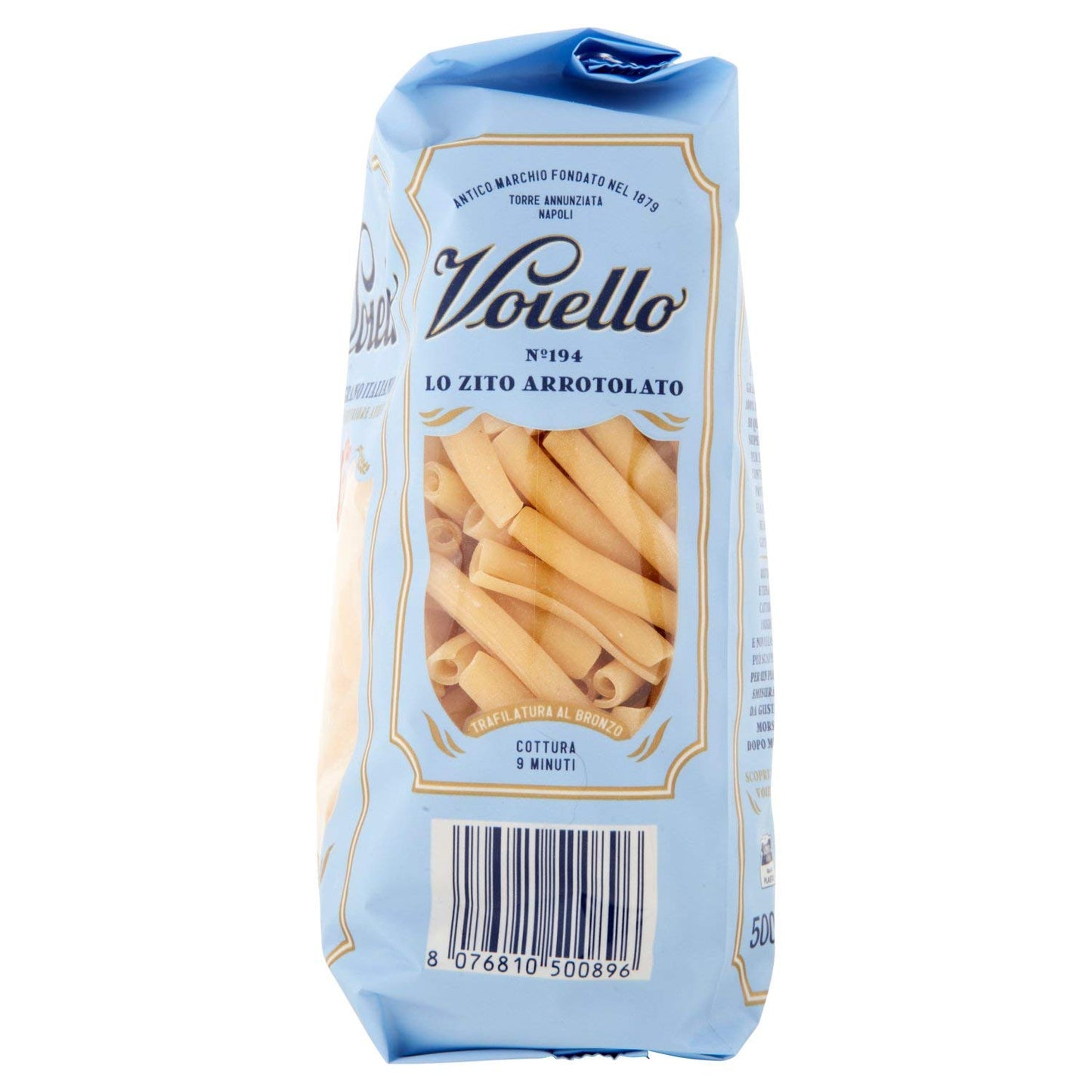 Voiello No. 194 Rolled Ziti Paste, 100% Italian Aureo Grain Paste, Bronze, Ruvida and Tenace Short Grain Paste 500 g