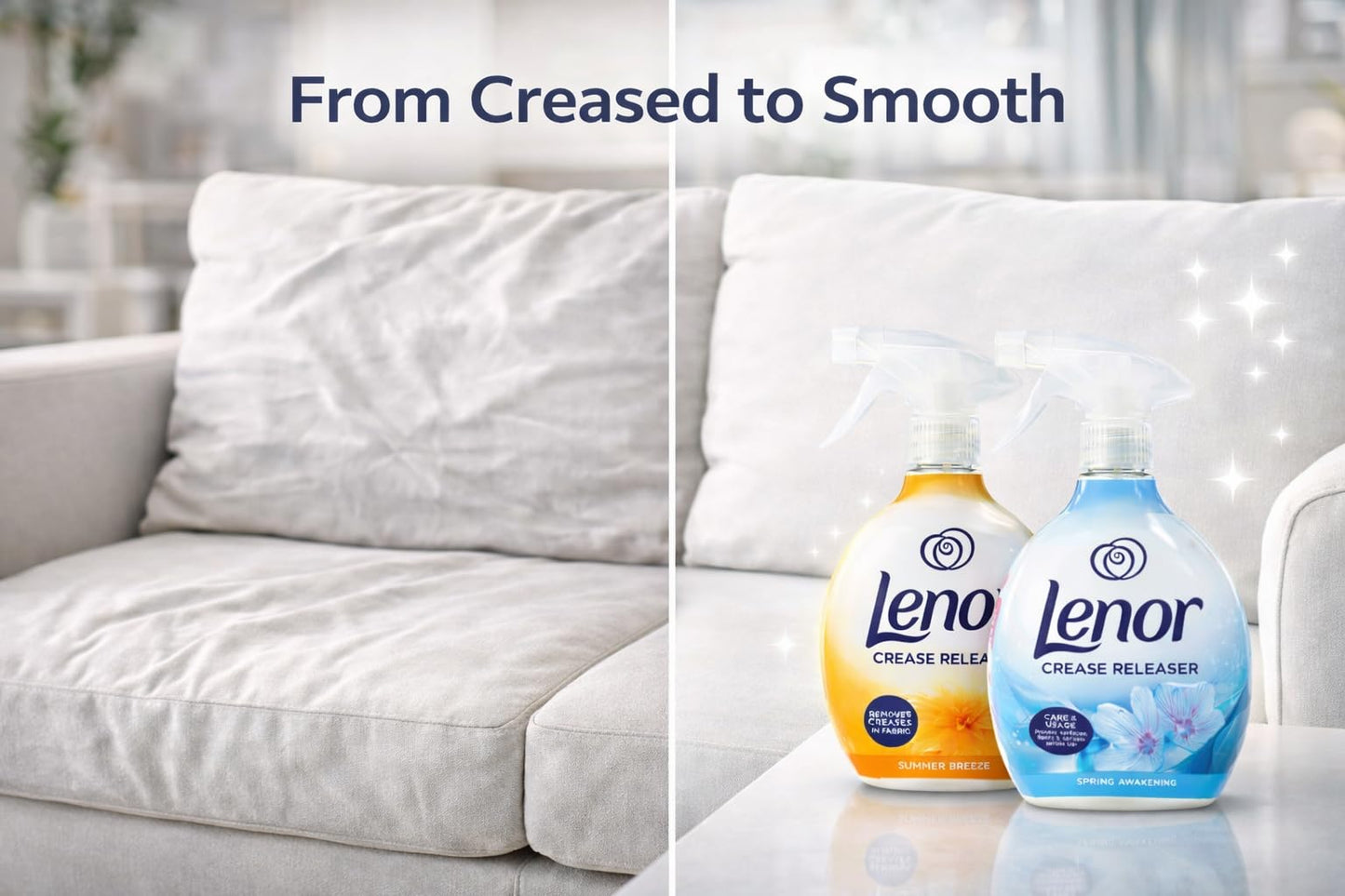 Lenor Crease Release Spray – SPRING AWAKENING & SUMMER BREEZE | Iron in a Bottle Fabric Wrinkle Remover, Static Reducer & Odour Eliminator – For Clothing, Bedding & Travel (2 x 500ml)