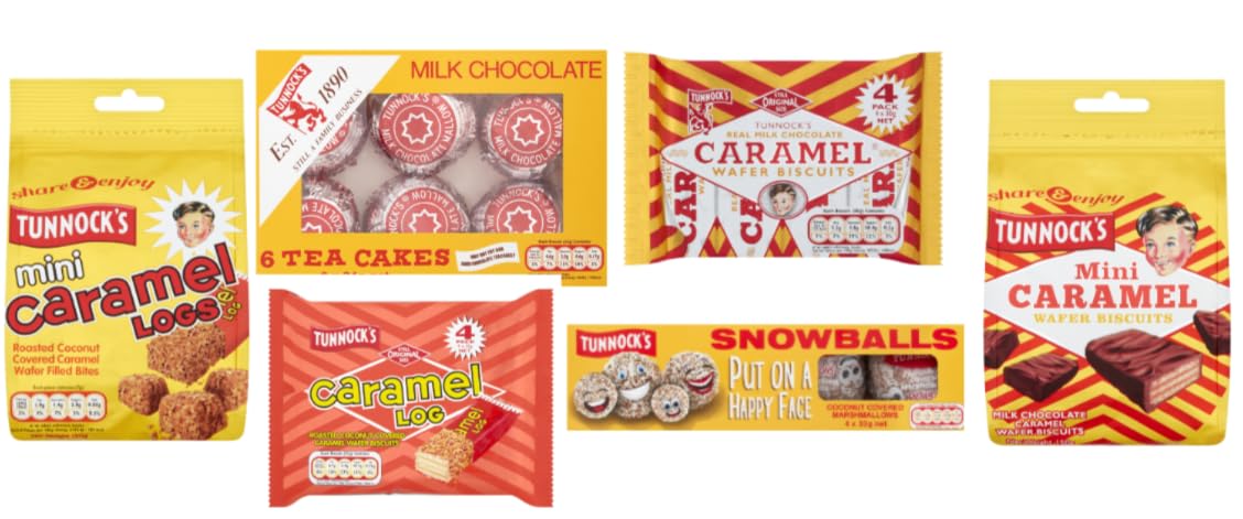 Tunnock's Variety Bundle, Caramel Wafer Biscuits, Tea Cakes, Snowballs, Caramel Log, Mini Caramel Logs
