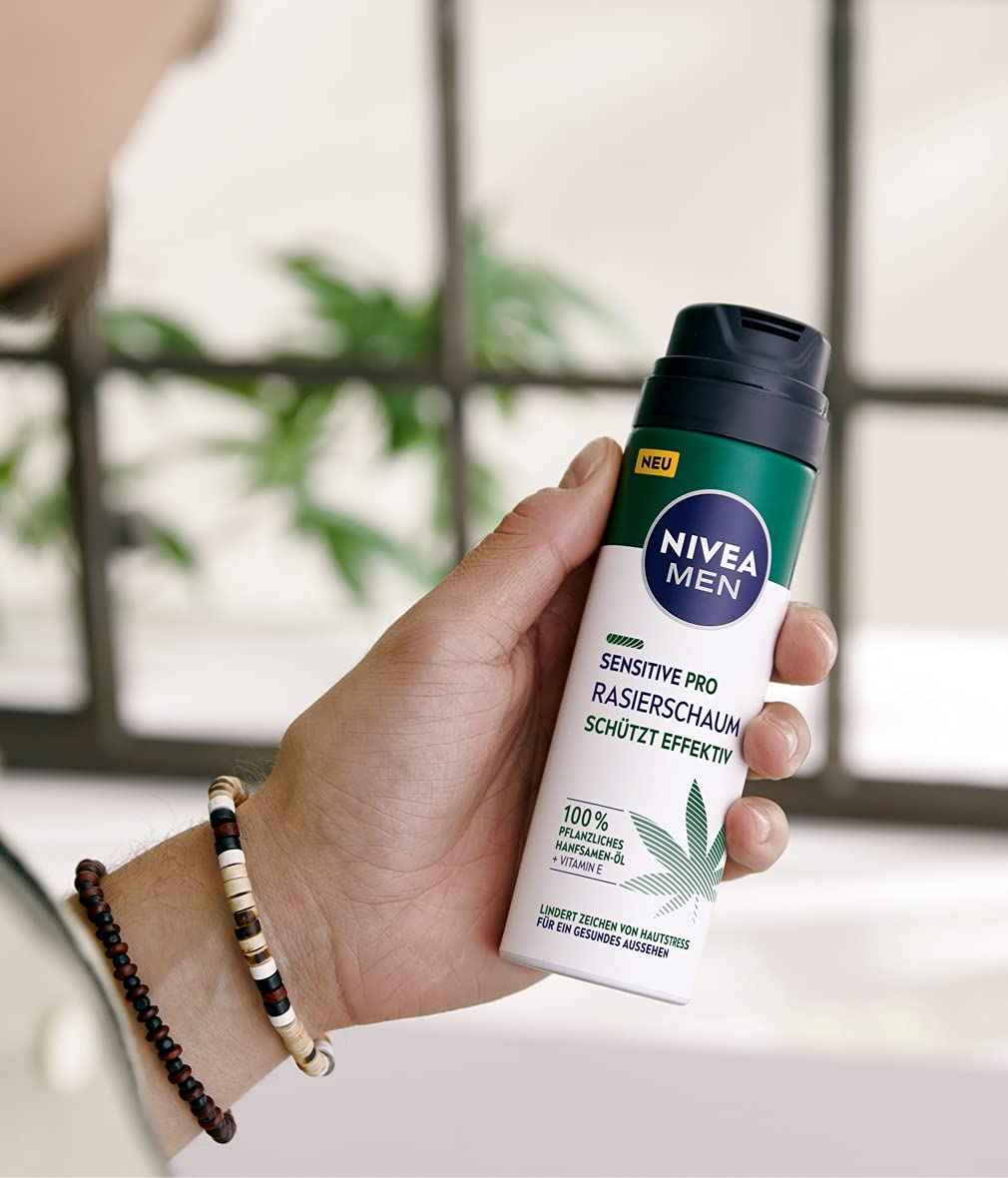 NIVEA MEN Sensitive Pro Shaving Foam (200 ml), Sensitive Shaving Foam with Hemp Seed Oil & Vitamin E, Protection Against Skin Irritation for a Gentle and Smooth Shave