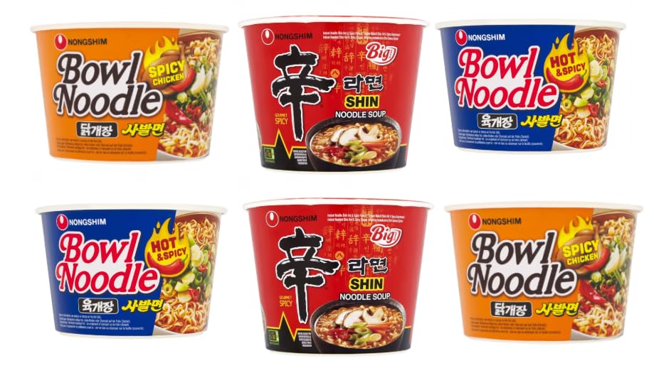Nongshim Bowl Noodle Soup Variety Pack, Spicy Chicken and Hot & Spicy, Shin Big Cup, Instant Noodles